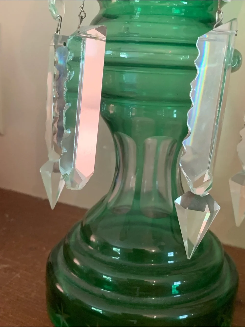 Antique Victorian Cut Glass Mantle Lustres with Prisms Stars